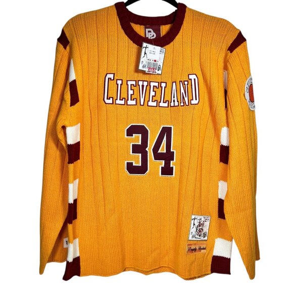 Vtg Deeply Rooted Mens Yellow Cleveland 34 NBA Basketball Knit Sweater Size 2XL - Picture 2 of 16